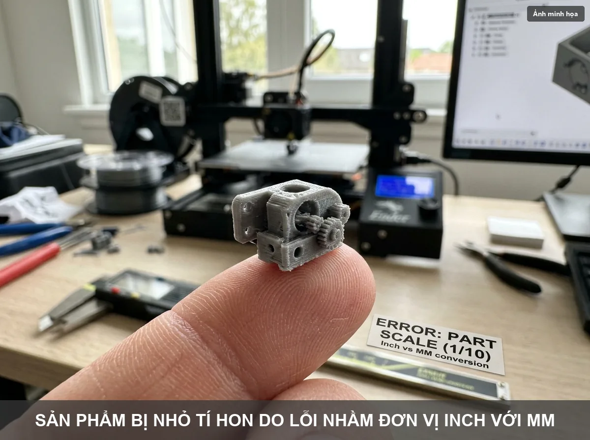 Sản phẩm in 3D bị bé ti hon do lỗi nhầm đơn vị Inch sang mm