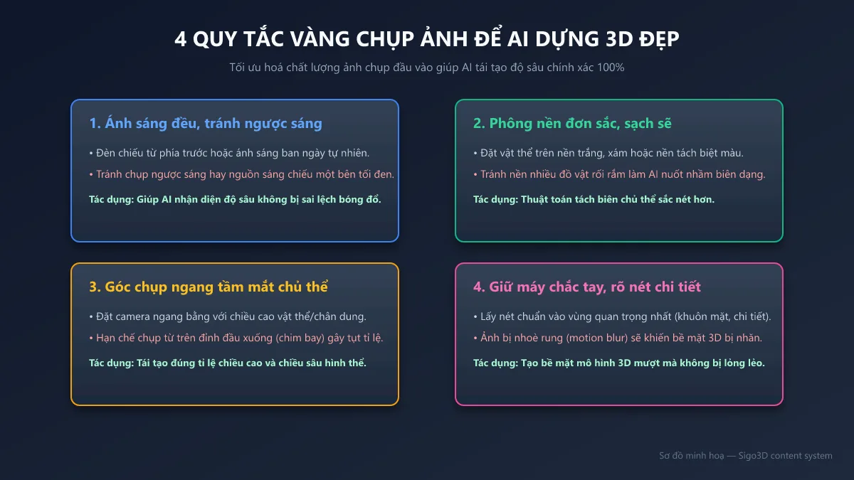 Sơ đồ 4 quy tắc vàng khi chụp ảnh để AI dựng mô hình 3D đẹp