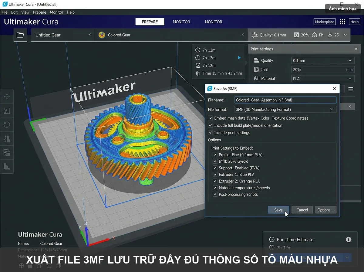 Xuất file 3MF giúp đóng gói trọn gói toàn bộ dữ liệu màu sắc và cài đặt in