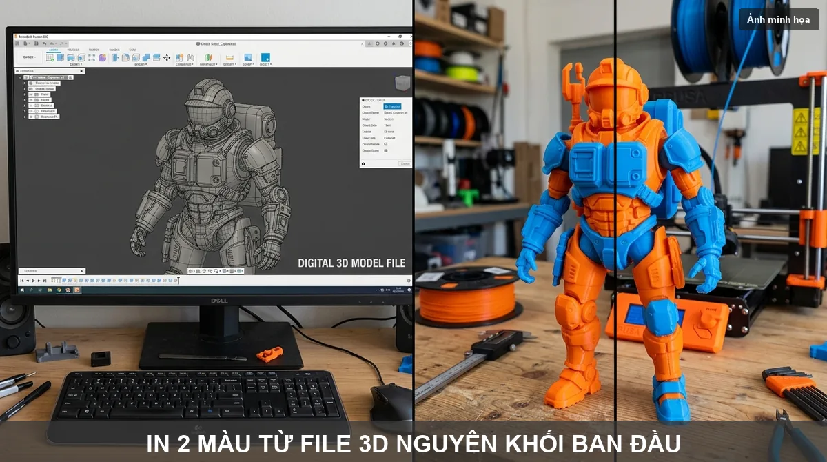 So sánh file 3D 1 màu nguyên bản và sản phẩm in 3D 2 màu phối chuẩn