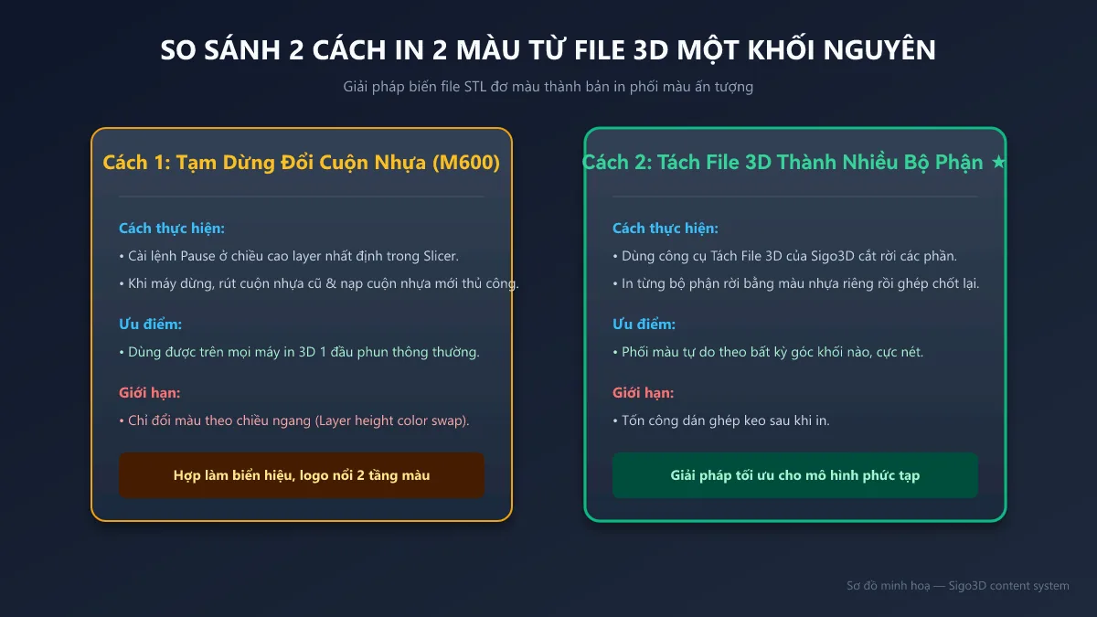 Sơ đồ so sánh 2 giải pháp in 2 màu từ file 3D một khối nguyên
