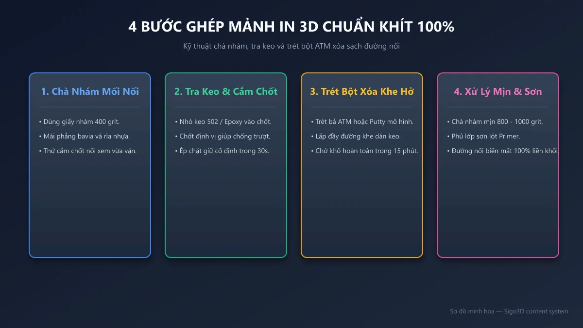 Sơ đồ 4 bước ghép dán mô hình in 3D chuẩn xác liền khối