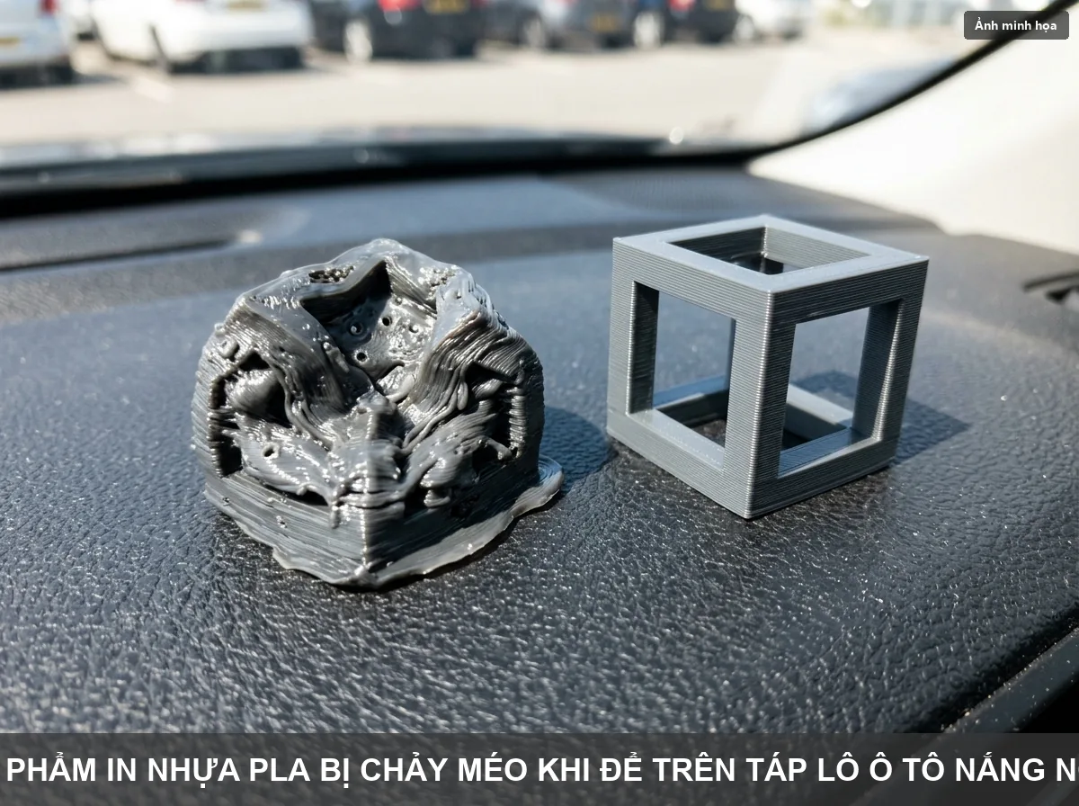 Sản phẩm in bằng nhựa PLA bị biến dạng xệ xuống khi để trên táp-lô ô tô nắng nóng