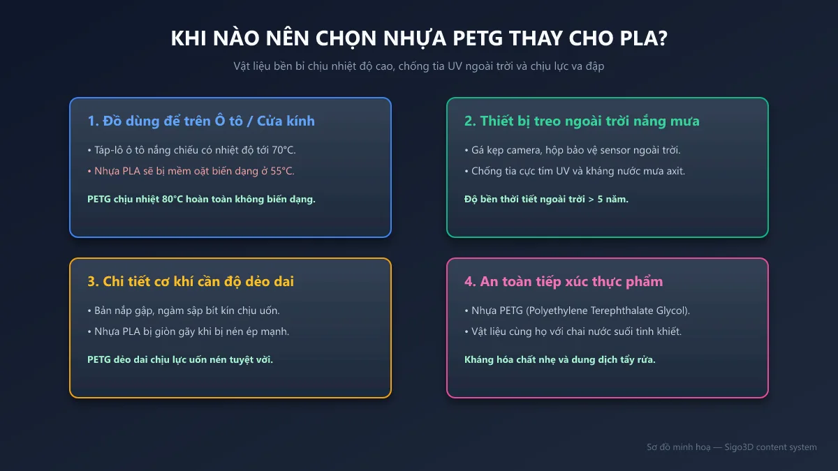 Sơ đồ hướng dẫn các trường hợp bắt buộc nên dùng nhựa PETG thay cho PLA