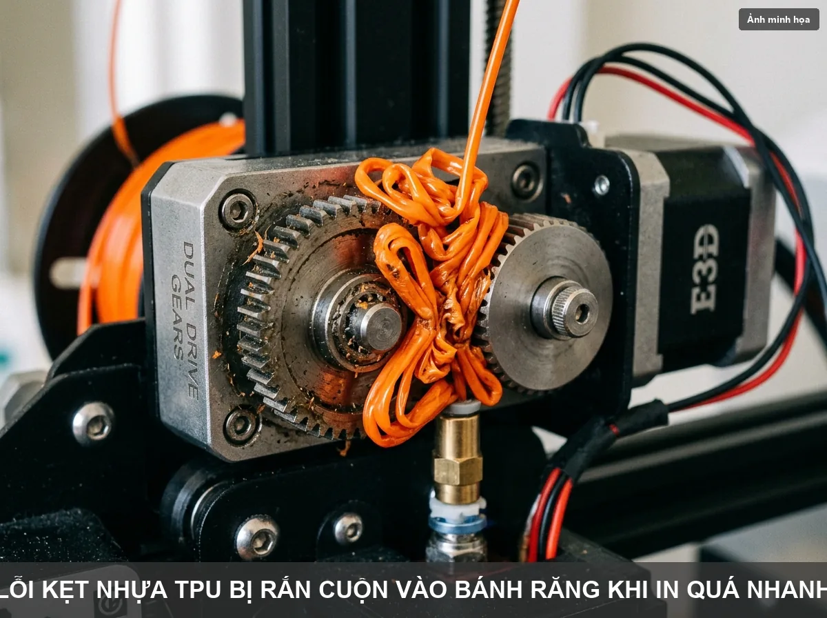 Lỗi kẹt xoắn sợi nhựa dẻo TPU vào bánh răng đùn khi cài đặt sai thông số