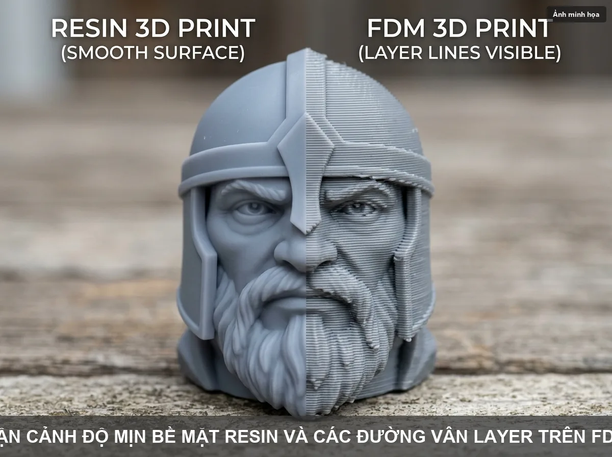 Cận cảnh sự khác biệt bề mặt giữa bản in 3D Resin siêu mịn và FDM