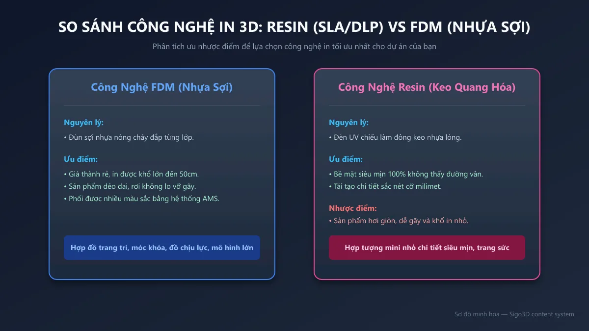 Sơ đồ so sánh tính năng kỹ thuật giữa công nghệ in 3D Resin và FDM