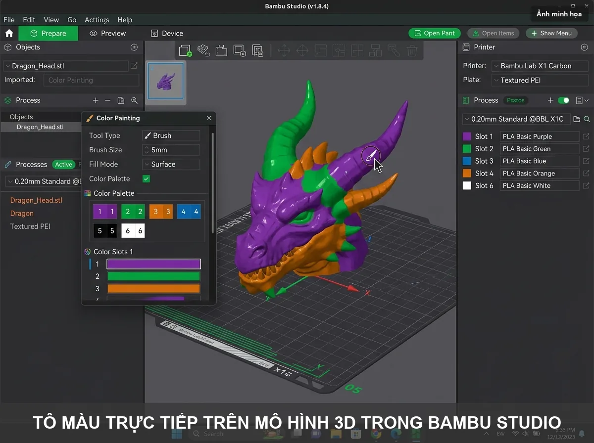 Thao tác tô màu trực tiếp trên mô hình 3D trong phần mềm Bambu Studio