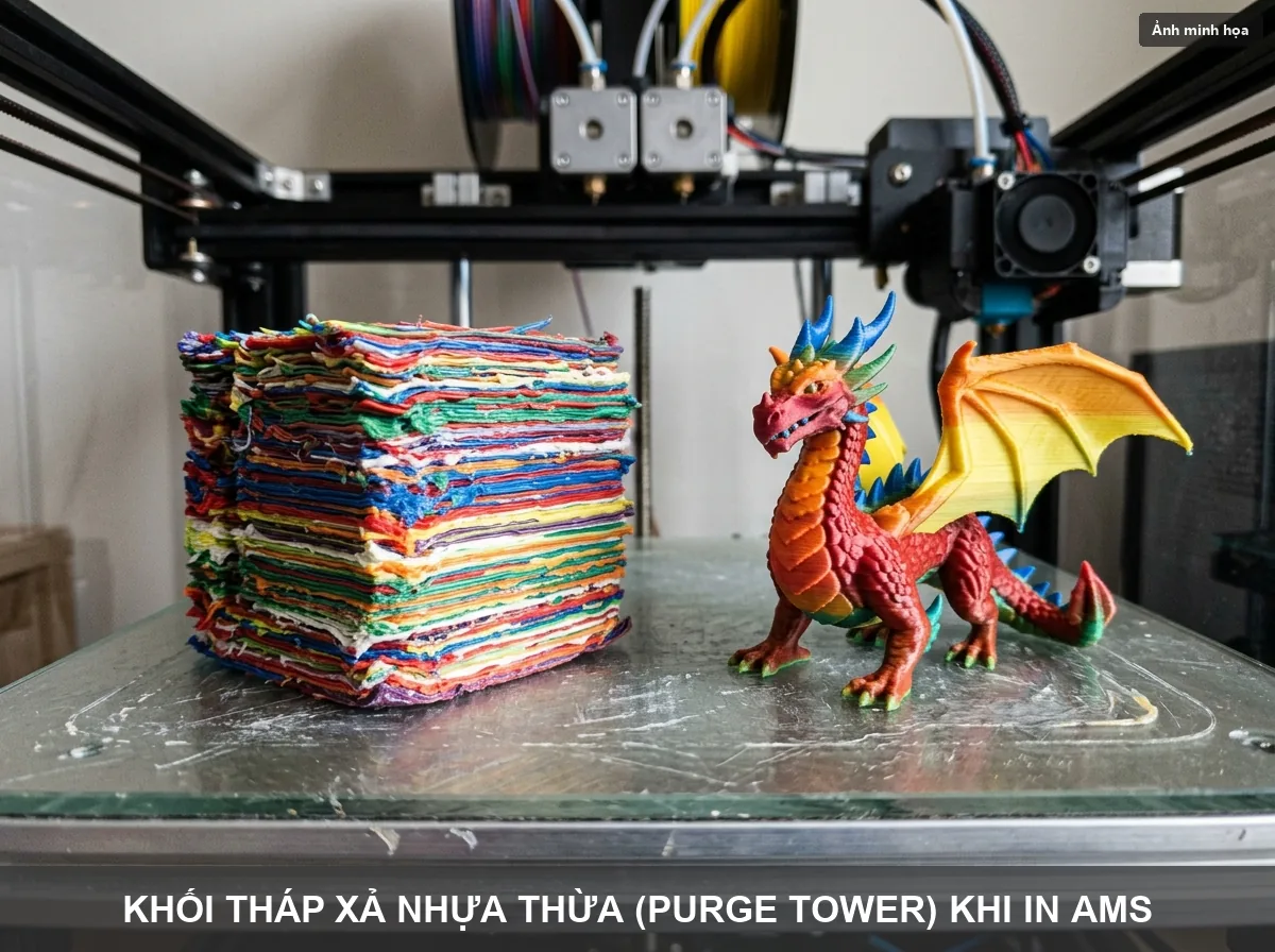 Lượng nhựa thải xả ra (Poop) và tháp purge tower khi in AMS nhiều màu