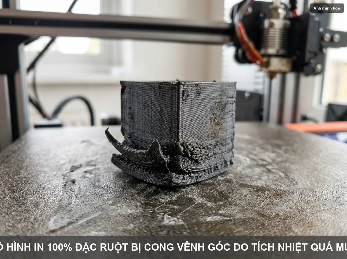 Góc bản in 3D 100% đặc ruột bị cong vênh do hiện tượng tích nhiệt nhựa
