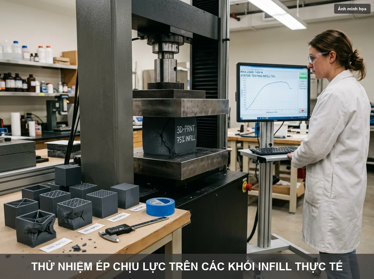Thử nghiệm ép nén đo lực chịu tải thực tế trên các khối nhựa infill khác nhau