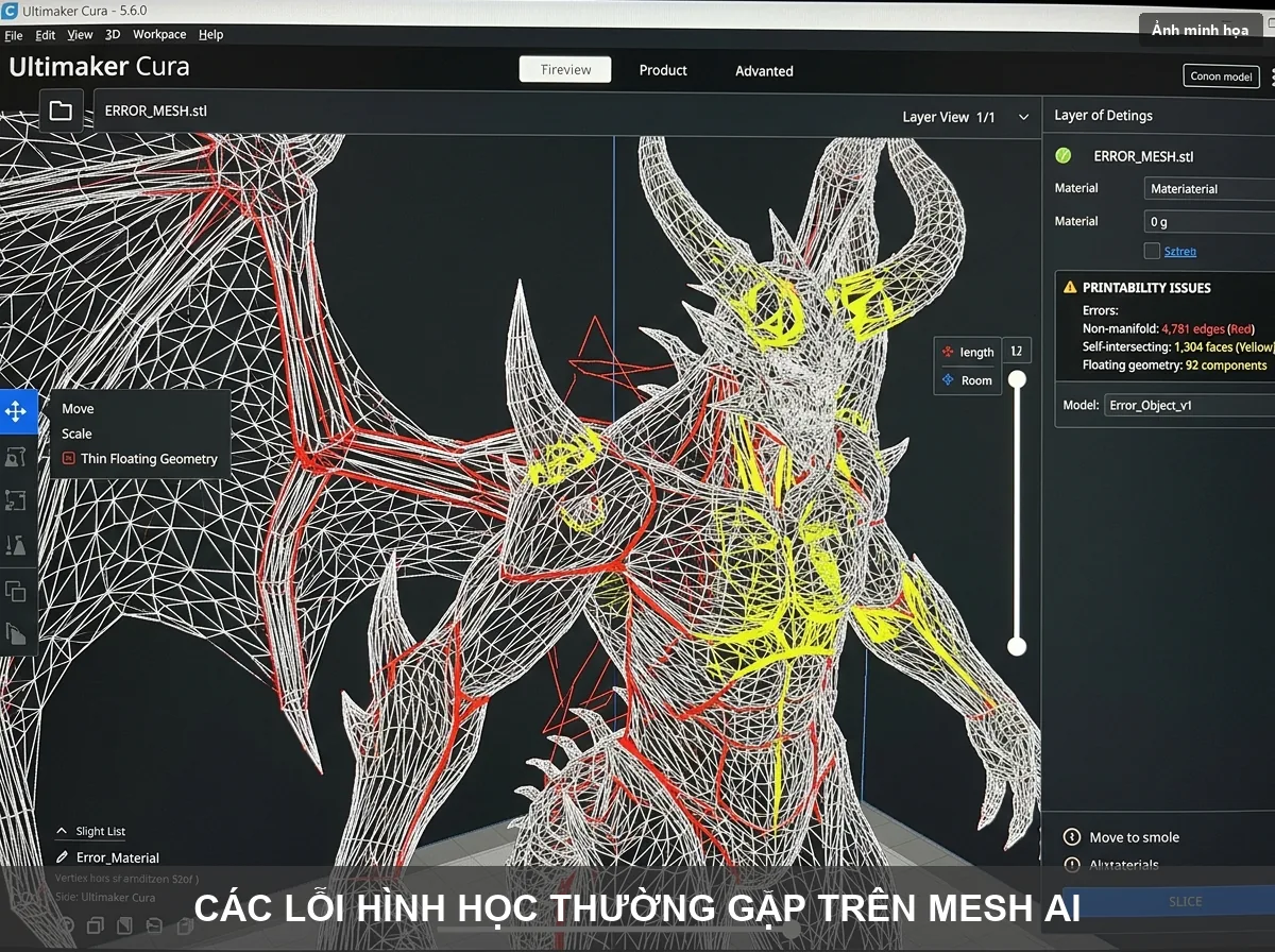 Cấu trúc lưới polygon bị hở lỗ và đan xen trên file 3D AI