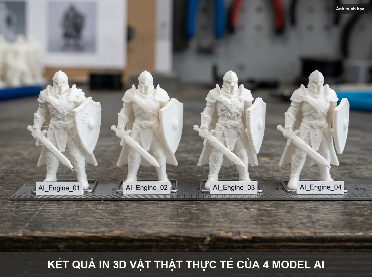 Thực tế 4 mẫu tượng nhựa in 3D hoàn thiện từ file của 4 engine AI