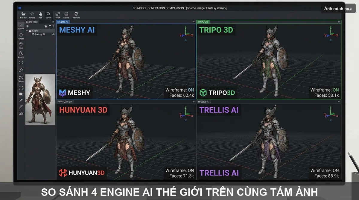 Meshy, Tripo, Hunyuan, TRELLIS: so sánh trên cùng một tấm ảnh