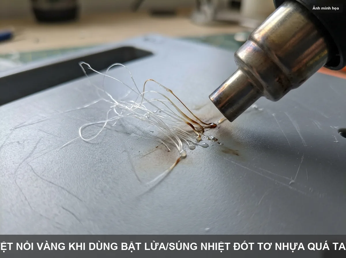 Vệt sém vàng trên bản in nhựa 3D khi hơ lửa đốt tơ nhựa quá tay