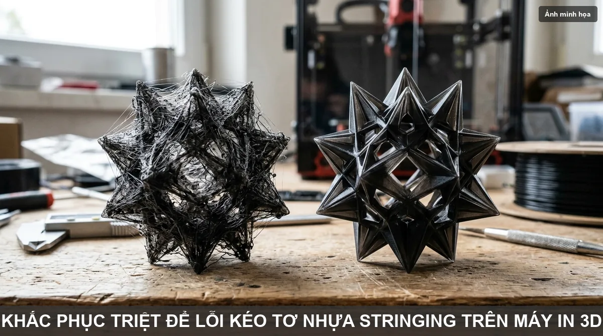 So sánh bản in 3D bị lỗi kéo tơ nhựa stringing và bản in đã khắc phục chuẩn