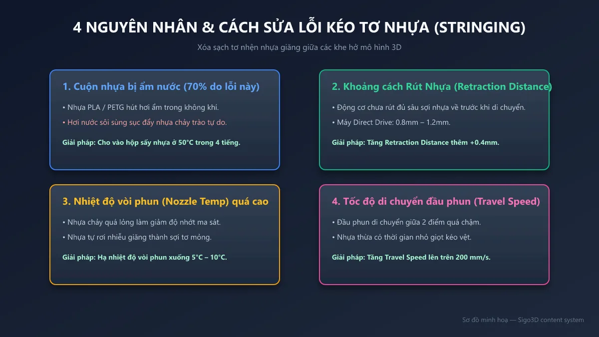 Sơ đồ 4 giải pháp khắc phục triệt me lỗi kéo tơ nhện nhựa trên máy in 3D