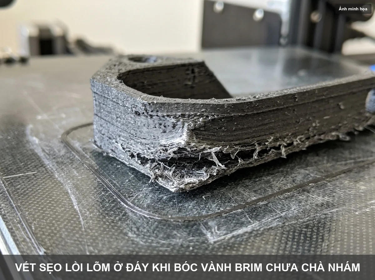 Vệt gờ nhựa lồi lõm ở góc mặt đáy khi xé bóc vành Brim chưa được chà nhám