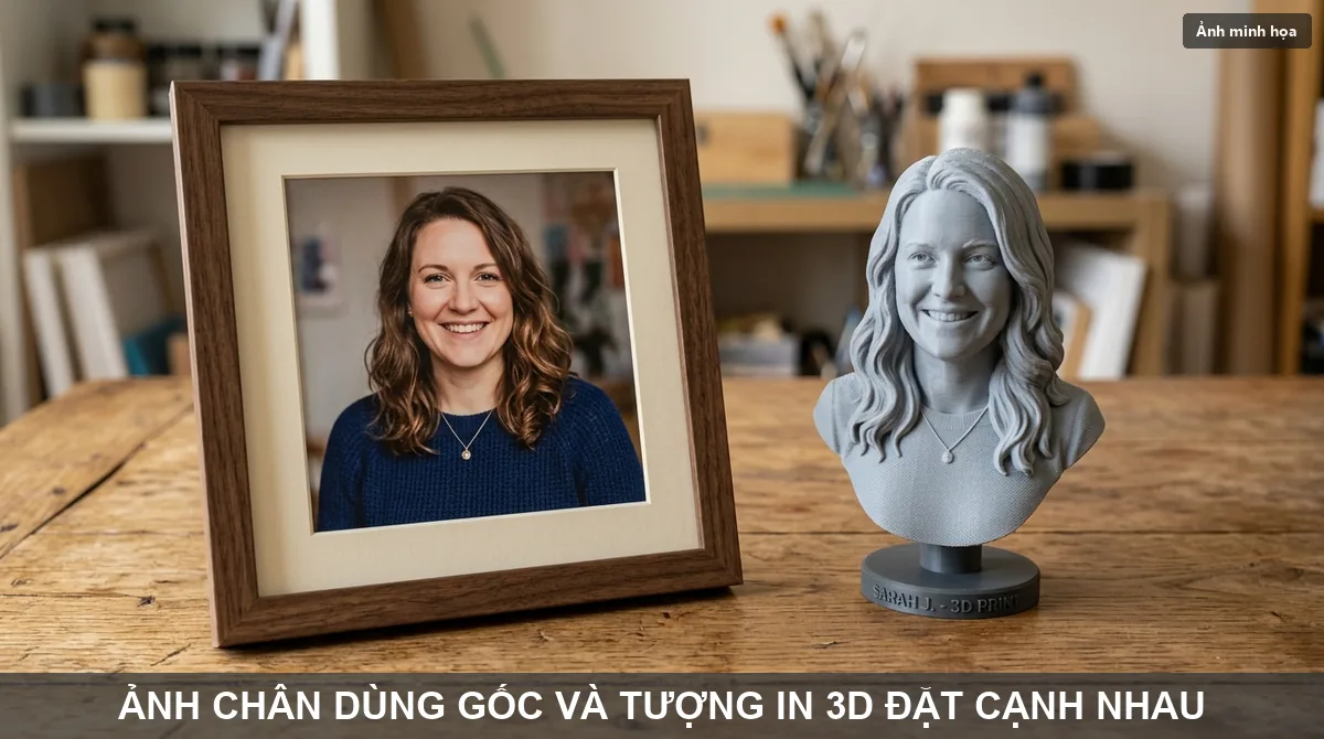 Ảnh gốc và tượng thật đặt cạnh nhau
