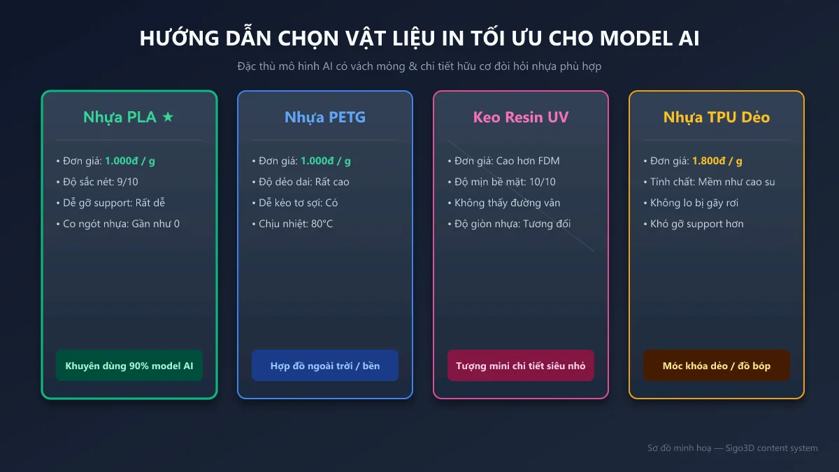 Sơ đồ phân loại và lựa chọn vật liệu in 3D phù hợp cho model AI